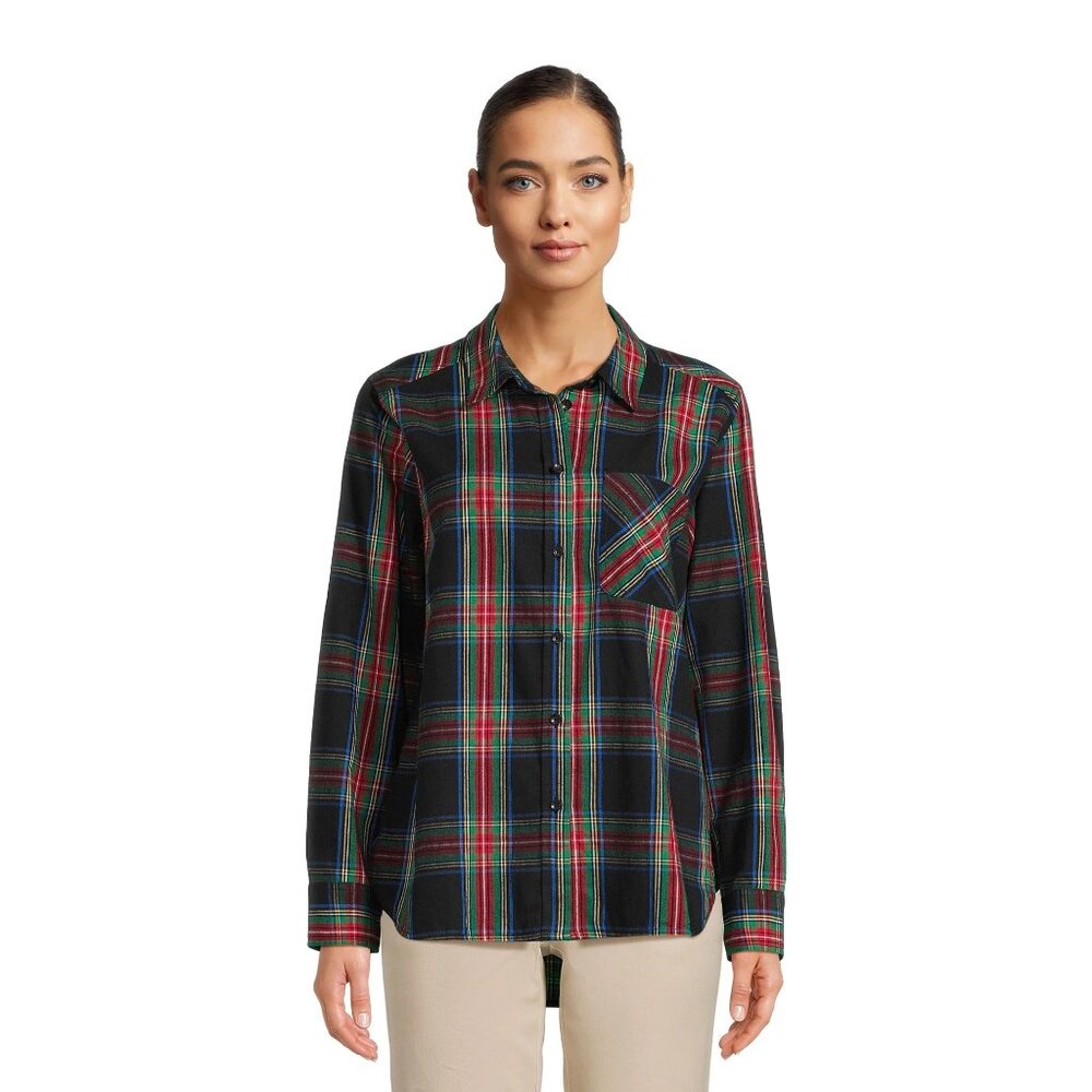 Time And Tru Shirt Size Large Plaid Button Front Long Sleeve Black Multi Preppy